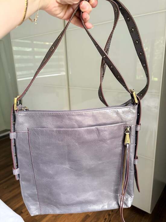 HOBO Treaty Gray Metallic Leather Crossbody Bag with Studded Strap - Picture 3 of 9